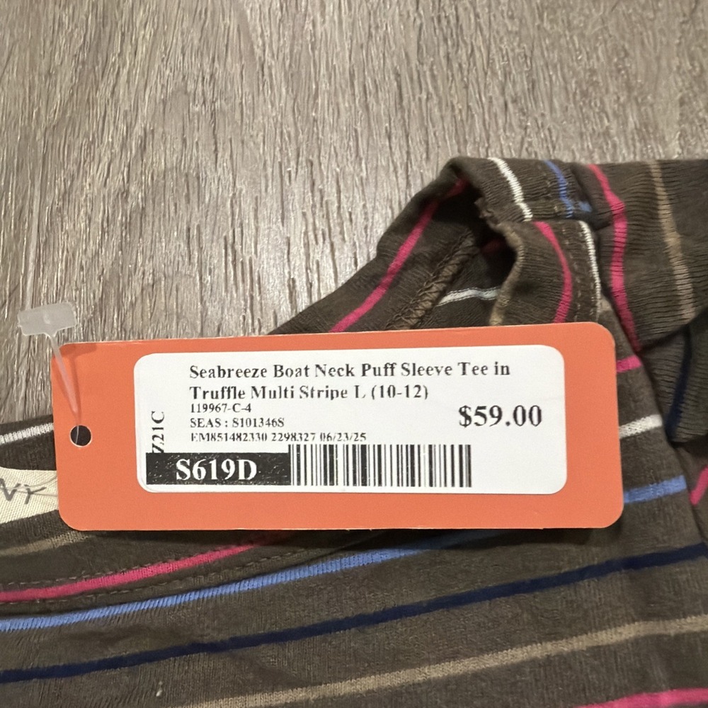 78 & Sunny Seabreeze Boat Neck Puff Sleeve Tee in Truffle Multi Stripe L NWT - Picture 5 of 9